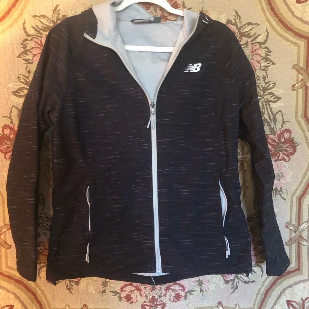 New Balance Rain Jacket/Wind Breaker, Black & Gray, Front Zip, Pockets & Hood